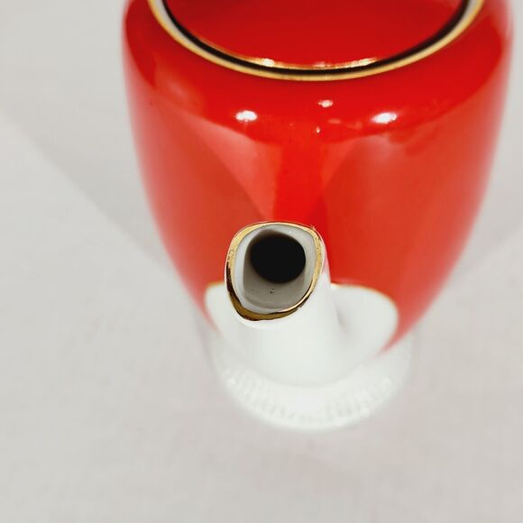 Chodziez Footed Coffee Teapot Red MCM Vtg Poland Ceramic Retro Tall Gold Trim - Picture 8 of 15